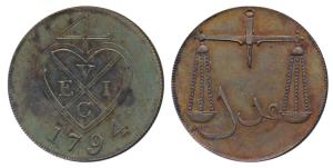 Proof Copper 2 Pice / 8 Reas, 12.78, obv. bale mark with date 1794 below, rev. Scales, obl