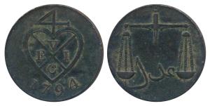 Copper 2 Pice / 8 Reas, 13.04, obv. bale mark with date 1794 below, rev. Scales, oblique m