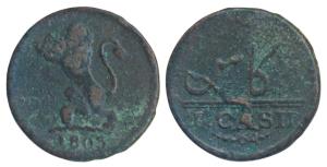 Copper Cash, 1803, 0.62g, obv. lion holding a crown to left, rev. value in English and Per