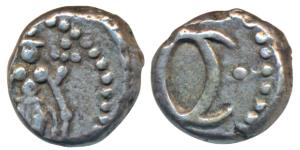 Silver 2 or Double Fanam, 2.09g, second issue, obv. large and near complete figure of Vish