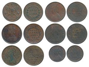 Victoria Queen & Empress, Copper ½ Anna (4), 1862 (2), 1876 & 1877; Copper ¼ Anna, 1862; E