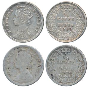 Victoria Empress, Silver ¼ Rupee, 1900 (2), Calcutta Mint, C / II / C incuse, (Prid 403). 