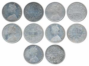 Victoria Queen, Silver Rupee, 1862 (3); Victoria Empress, Silver Rupee, 1880 (2). Very Fin