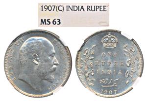 Edward VII, Silver Rupee, 1907, Calcutta Mint (Prid 193). Graded by NGC MS63.
