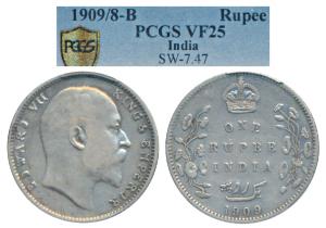 Edward VII, Silver Rupee, 1909, Bombay Mint, dot on the vine and 9 over 8 in date, old use