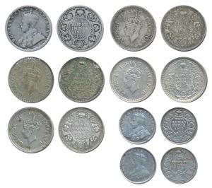 George V, Silver 2 Annas (2) 1913 & 1915; Silver ¼ Rupee, 1917; Half Silver ¼ Rupee (4), 1