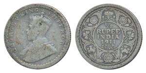 George V, Silver ¼ Rupee, 1911, Calcutta Mint (Prid 440). Fine.