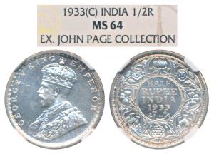 George V, Silver ½ Rupee, 1933, Calcutta Mint, Error, extra metal at the exact spot of the
