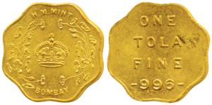 Bombay Mint, Token, Gold Tola, 11.65g, obv. H. M. Mint, crown within wreath and Bombay bel