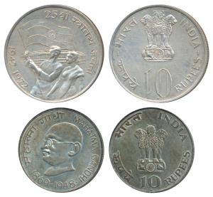 Silver Rupees 10 (2), 1969, Gandhiji Birth Centennial; 1972, 25th Anniversary Indian Indep