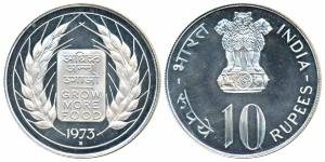 Silver Rupees 10, 1973, Grow More Food, Bombay Mint (KM 188). Proof.