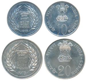 Silver Rupees 10 & 20, 1973, Grow More Food, Bombay Mint (KM 188). Brilliant Uncirculated,