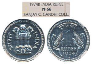 Cupro Nickel Rupee, 1974, ‘B’ mint mark for Bombay Mint. Proof, Graded by NGC PF66, Scarce