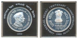 1989 Proof Set, Silver Rupees 100, Jawaharlal Nehru Centenary. In immaculate condition, wi