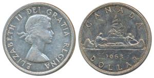 Canada, Elizabeth II, Silver 1 Dollar, 23.49g, 1965. About Uncirculated.