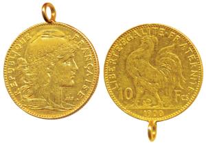 France, Gold 10 Francs, 3.3g, 1900, obv. Liberty head, rev. rooster divides value (KM 846)
