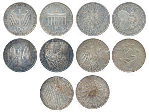 Germany, Silver 10 Mark (5); 15.5g each, 1972 (2) from the Munich Olympics series; 1990, 1