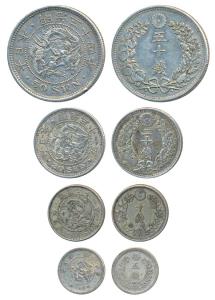 Japan, Mutsuhito (Meiji), Silver 50, 20, 10, 5 Sen, Osaka Mint, Rising Sun Dragon (KM 25, 