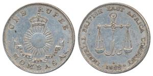 Mombasa, Silver Rupee, 11.5g, 1888 H (KM 5). Extremely Fine, Rare.