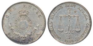 Mombasa, Silver Rupee, 11.5g, 1888 H (KM 5). About Extremely Fine, Rare.
