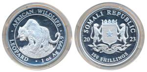 Somalia, Silver 100 Shillings, 31.1g, 2023, African Wildlife Series, Leopard, obv. nationa