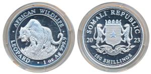 Somalia, Silver 100 Shillings, 31.1g, 2023, African Wildlife Series, Leopard, obv. Date sp