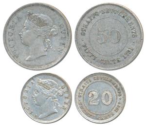 Straits Settlements, Queen Victoria, Silver 50 & 20 Cents, 1891 & 1897 respectively (KM 12