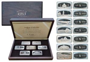 A set of 7 Different Wonders of The World, Silver ingots, each 25 to 25.5 grams each, tota