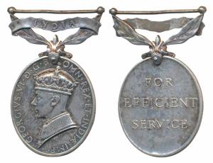 Efficiency Medal, George VI, Silver, India written on a foliated bar, rev. For Efficient S