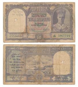 George VI, Rupees 10, 2nd issue, 1944, signed C. D. Deshmukh, prefix J (J&R 4.6.1). Fine.