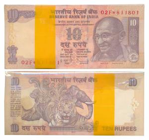 Rupees 10 bundle, 2011, signed D. Subbarao, inset N, star note bundle. Uncirculated. (100)
