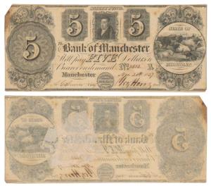 Bank of Manchester, 5 Dollars, 1837. Very Fine.