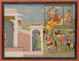 In the painting, Rukma, the brother of Rukmini, is depicted conversing with his allies. On
