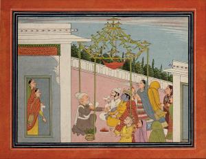This scene captures the marriage ceremonywithin the courtyard of Krishna's palace. Positio