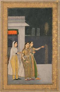 On a palace terrace in the dark of the night one of two ladies with an attendant holds a l