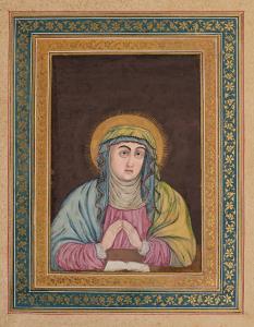 Madonna at prayer with a golden nimbus (halo) surrounding her head and her fingertips touc