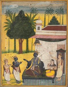 Ram and Sita seated on a dais greet his brothers Bharat and Shatrughn who stand respectful