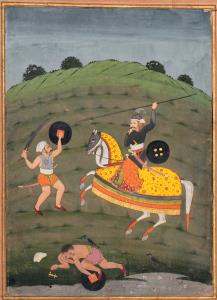 This scene of brutal combat set in a verdant landscape, depicts a mounted warrior riding a
