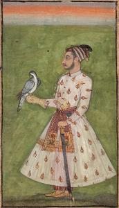 Set against an olive green background, a prince stands in profile, gazing into the distanc