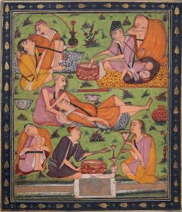 Nine intoxicated dervishes prepare a hookah smoking concoction - grinding it, sampling it 
