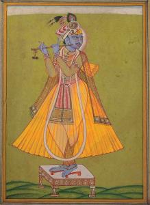 A blue-skinned Raja stands on a small gold plinth - one foot half-way out of his clog slip