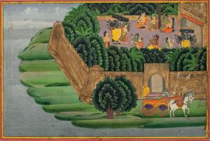 An action-oriented passage from Ramayana depicted in a horizontally-spread composition. Si