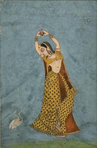The solitary figure of a nayika against a sombre grey background was meant to symbolize lo