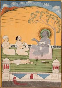 Set on the banks of a river on a white marble terrace is a scene of an ascetic preaching t