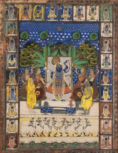 The central figure of Shri Nathji standing on a white jamdani flanked by two pairs of gopi