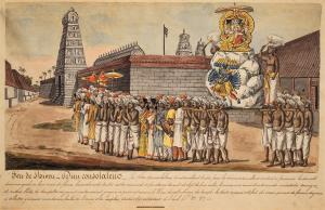 Priests and devotees belonging to the Shaivite sect line up outside a shrine with an impos