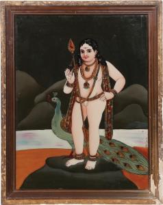 The youthful son of Shiva and Parvati is here depicted with his vahana, the peacock, and h