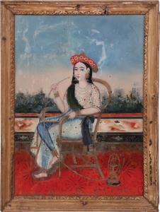 In this scene, the maiden is depicted seated in a European chair on a palace terrace, smok