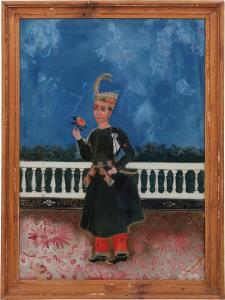 The youthful figure holds a rose in his right hand while wearing long coat and turban ador