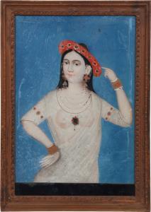 The bejewelled woman is shown adjusting her hat while her right hand rests seductively on 